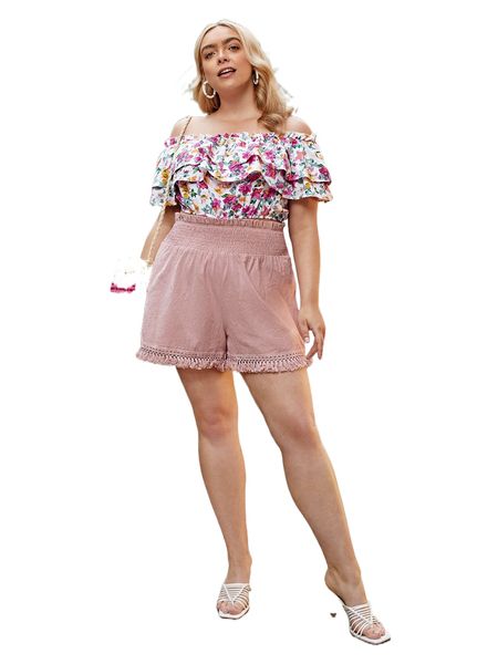 

plus fringe trim shirred waist shorts o1ge#, Black