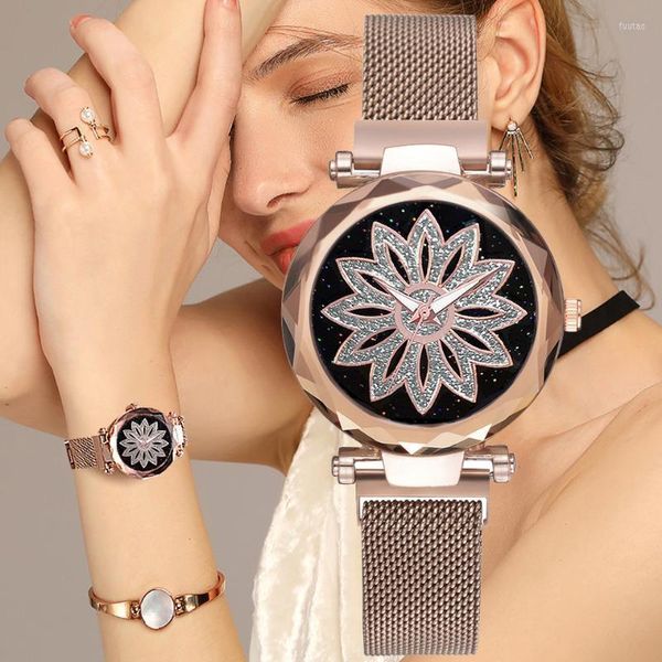 Armbanduhren 2022 Mode Blumen Uhren Frauen Luxus Rose Gold Mesh Band Magnet Schnalle Quarz Drop Preis