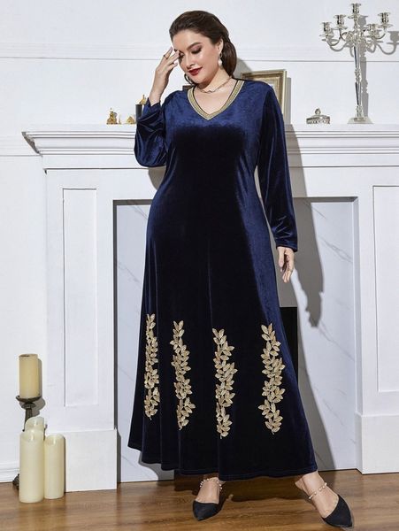 

plus plant embroidered velvet dress g66d#, Black