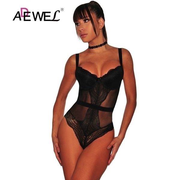 

adewel black lace bodysuit women sleeveless mesh sheer jumpsuit rompers skinny lace playsuits overalls macacao feminino y200401, Black;white