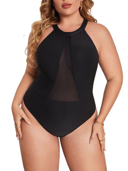 

plus contrast mesh panel keyhole back bodysuit u7rz#, Black