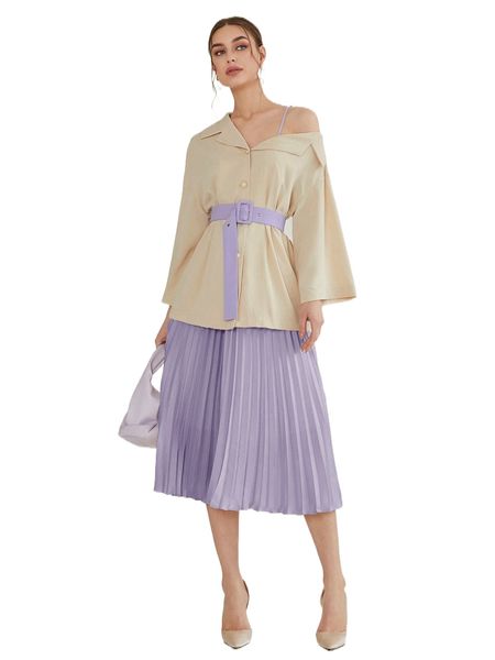 

asymmetrical neck drop shoulder buckled belted blouse 55ky#, White