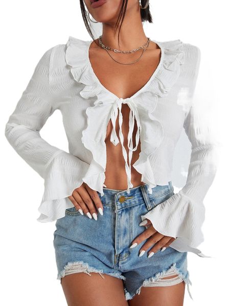 

flounce sleeve tie front blouse u1c5#, White