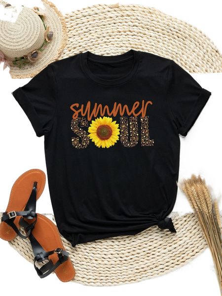 

plus sunflower & letter graphic tee 09ct#, Black