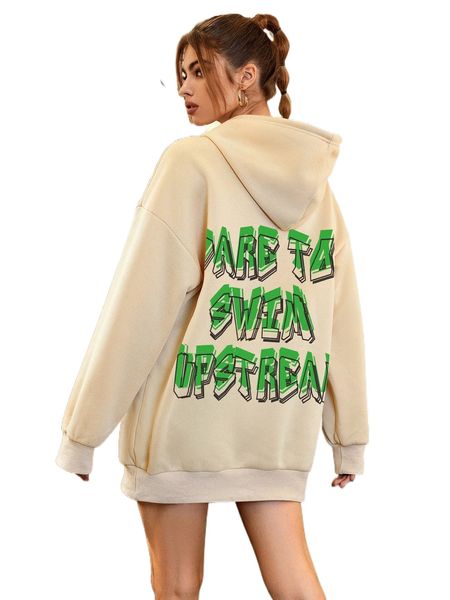 

slogan graphic drop shoulder drawstring oversized hoodie 82kw#, Black