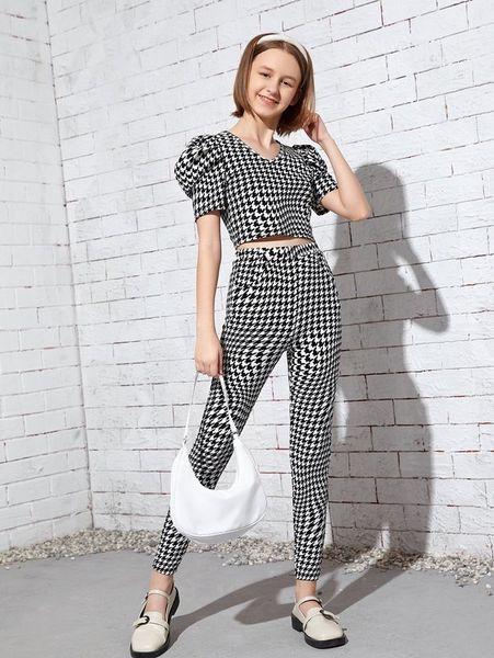 

teen girls puff sleeve houndstooth and leggings set she, White