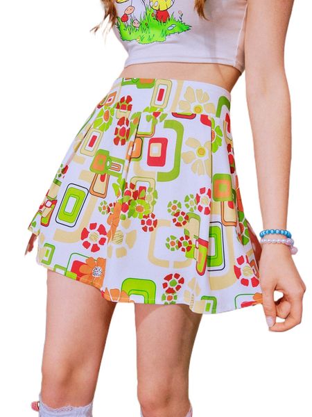 

romwe y2k revival allover print flare skirt g7dk#, Black