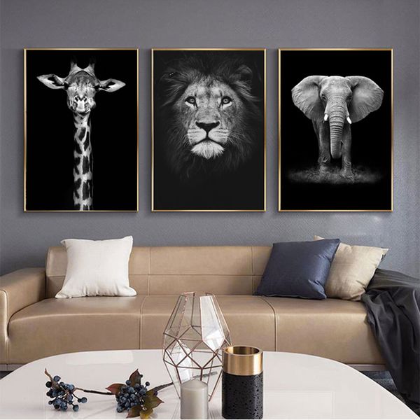 Leone in bianco e nero dipinto su tela sul muro elefante cervo leopardo animale poster e stampe decorazioni per la camera da letto immagini di arte della parete