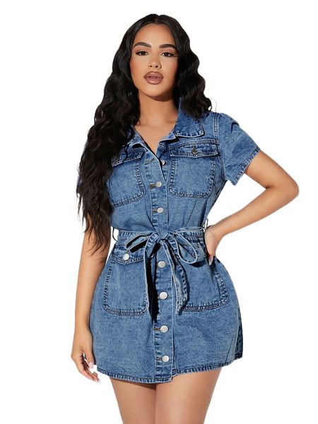 

flap pocket button through belted denim dress r1u8#, Black;gray