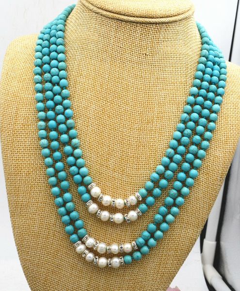 

beautiful natural 4row 8mm turquoise &amp white freshwater pearl crystal necklace, Silver