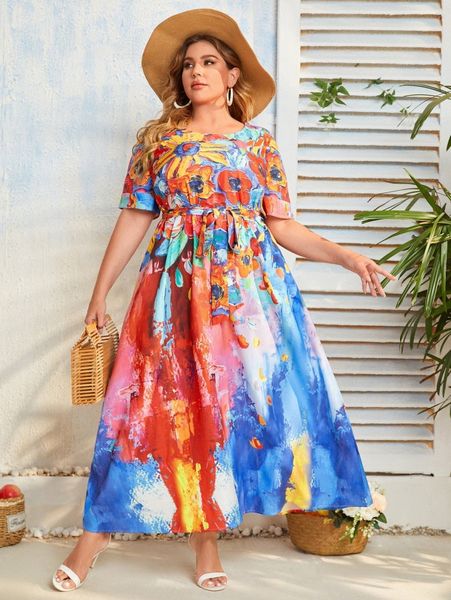 

plus tie dye belted dress b2os#, Black