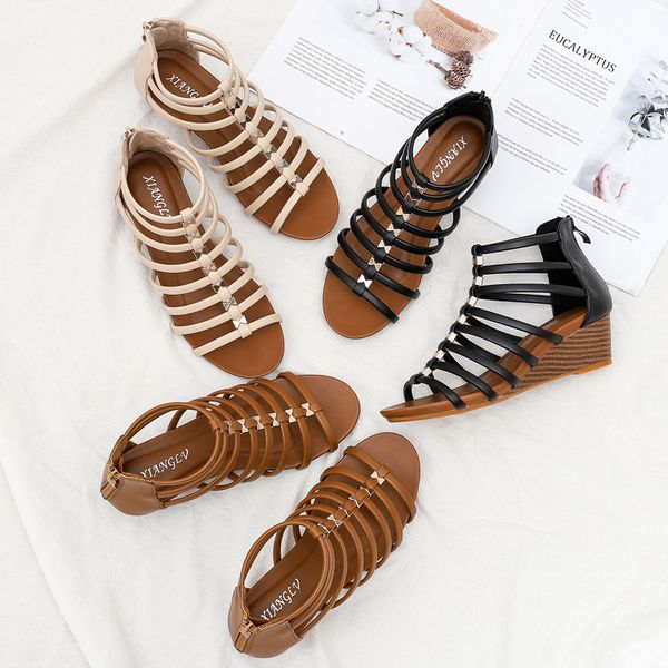 

new retro hollow roman sandals wedge heel comfortable fashion sandals, Black