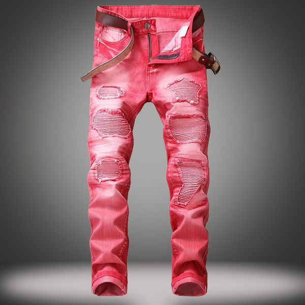 Jeans da motociclista da uomo a 5 colori Pantaloni strappati con cuciture pieghettate autunnali e invernali Pantaloni casual in cotone denim da uomo alla moda