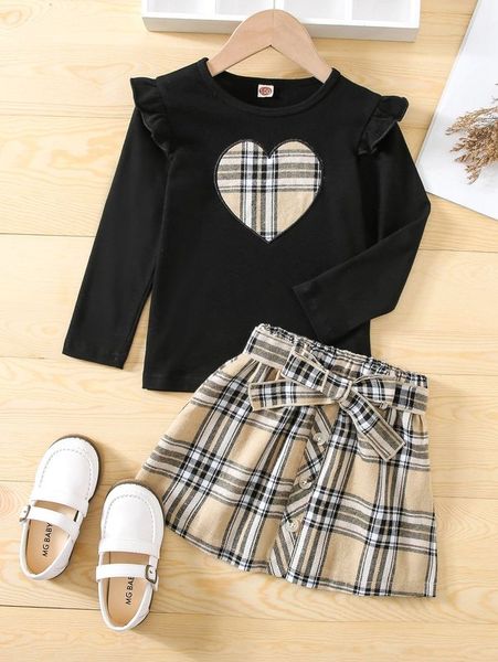 

toddler girls heart embroidery ruffle trim & plaid print belted skirt she, White