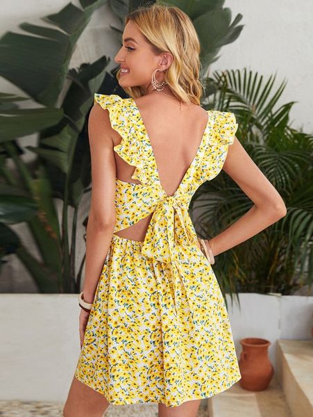 

tied open back ditsy floral dress s6ud#, Black;gray