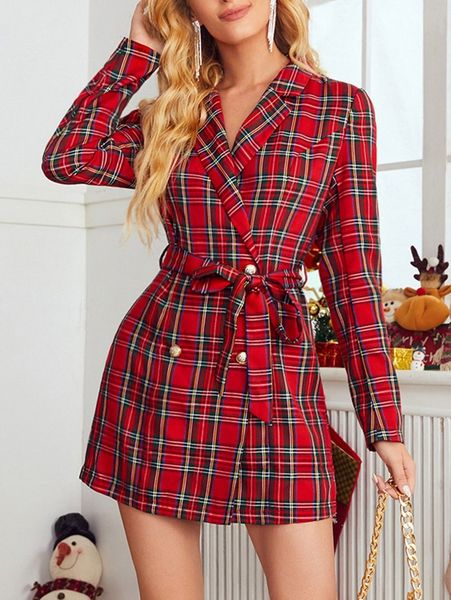 

tartan print double breasted belted blazer dress r2tx#, White