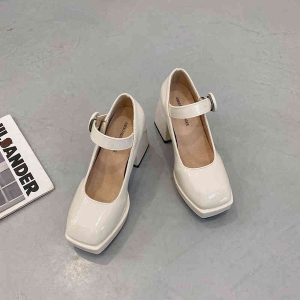 

mary jane single shoes women's spring 2022 high heels thick heels french temperament fashion small leather shoes, Black
