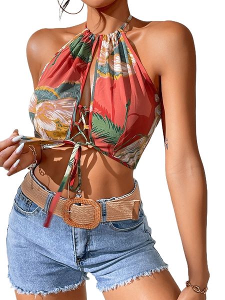 

floral print lace-up backless halter v5vk#, White