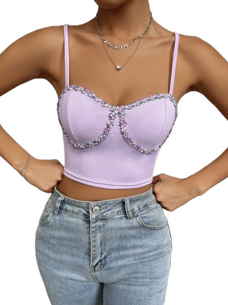 

applique detail ribbed knit crop cami m9ra#, White