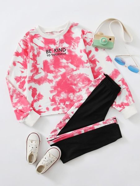 

girls slogan graphic tie dye pullover & contrast sideseam leggings set she, White