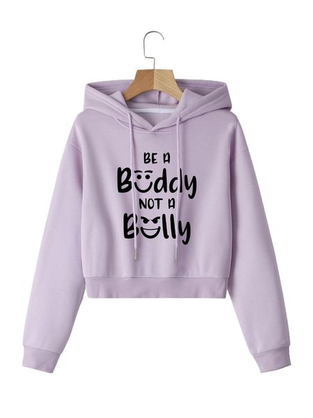 

cartoon face & letter graphic crop drawstring hoodie x8yl#, Black