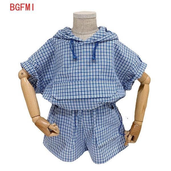 

cotton linen plaid 2pcs suit boys girl sport clothes korean summer girls hooded casual set short sleeve ant kids outfit 220616, White