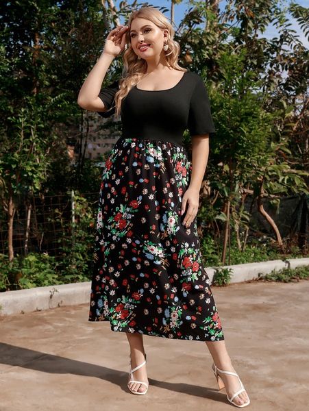 

plus floral print scoop neck dress m5ju#, Black
