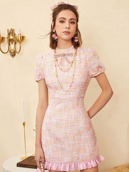 

mock neck bow front ruffle hem tweed dress 91ux#, Black;gray