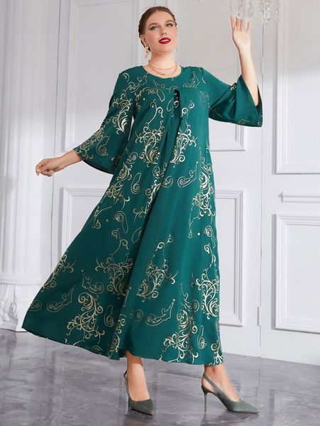 

plus gold scroll print plicated detail trumpet sleeve dress d34w#, Black