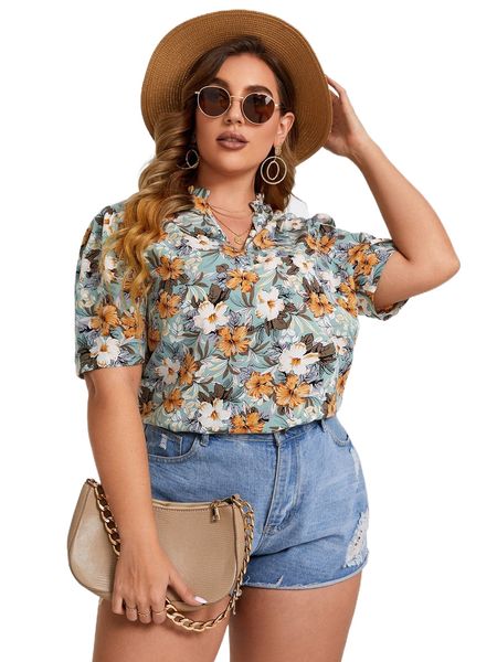 

plus floral print puff sleeve notched neck blouse y55f#, Black