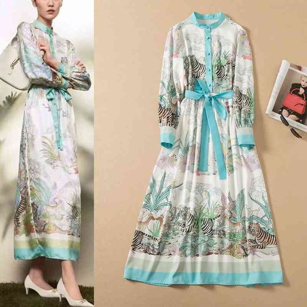 

casual dresses wind early spring women's stand collar lace up waist animal print split skirt dress, Black;gray