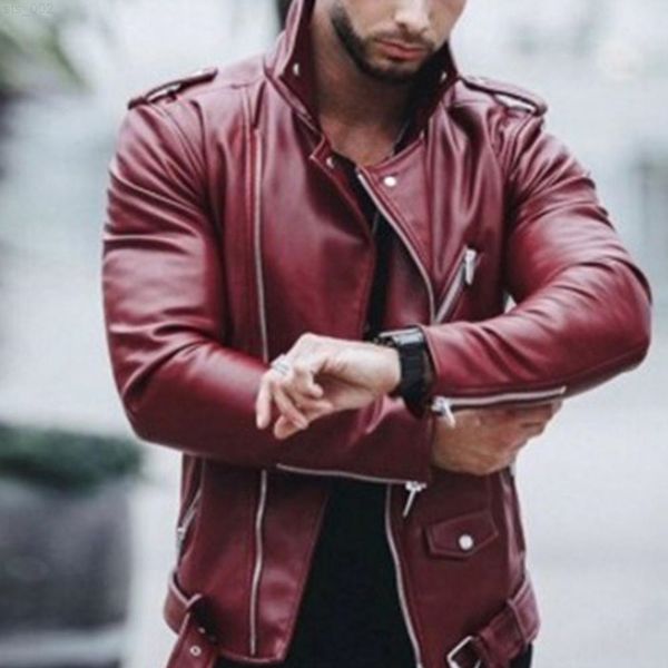 

leather jackets men autumn long sleeve stand collar jackets winter zipper mont black wine red faux leather coats t220716, Black;brown