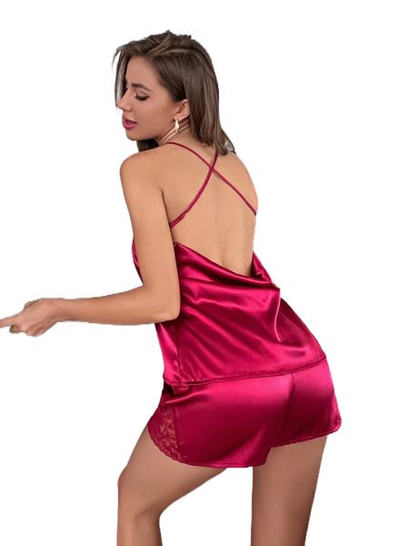 

crisscross backless lace detail satin cami & shorts pj set m85u#, Black;red