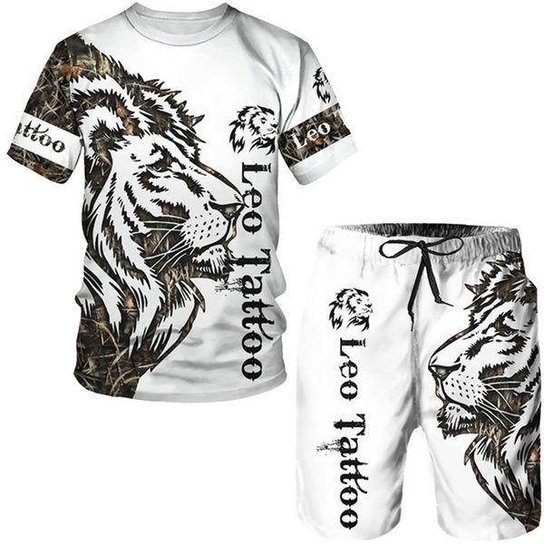 Мужские спортивные костюмы летняя мужская татуировка животных белая футболка с коротким рукавом Lion 3D Printed O-образные шорты костюмы для спортивной одежды набор 220826