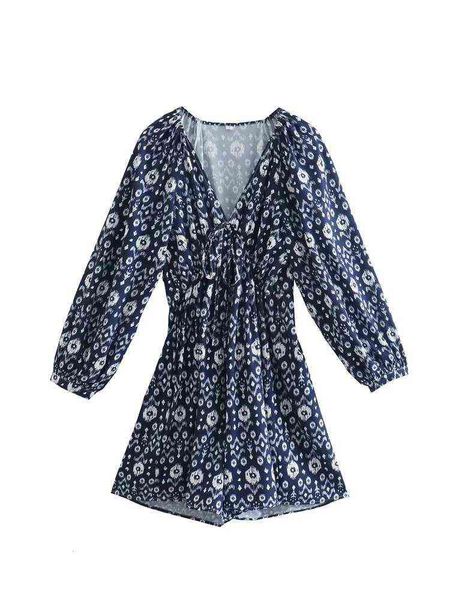 

2022 spring women fashion lacing decoration printed jumpsuit vintage long sleeve v neck female jumpsuit l220714, Black;gray