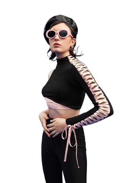 

x chara toxik mock neck lace up side crop tee t8fa#, White