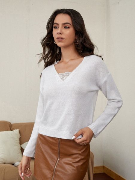 

contrast lace drop shoulder sweater o5v8#, White;black