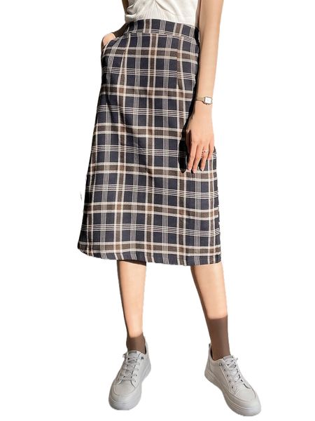 

dazy plaid print slit back slant pocket skirt x3mg#, Black