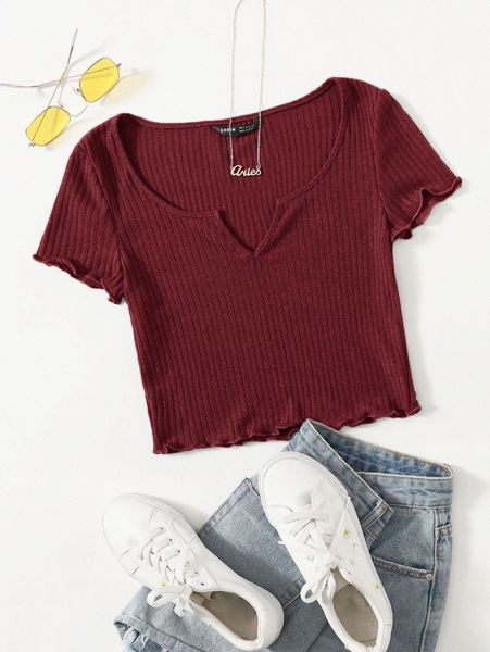 

notch neck lettuce edge tee 777d#, White