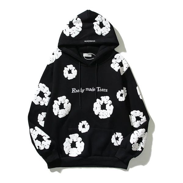 

tears puff men's hoodies winter readymade foam flower co branded denim printed distressed pullover cap embroidery white kapok tidal swe, Black