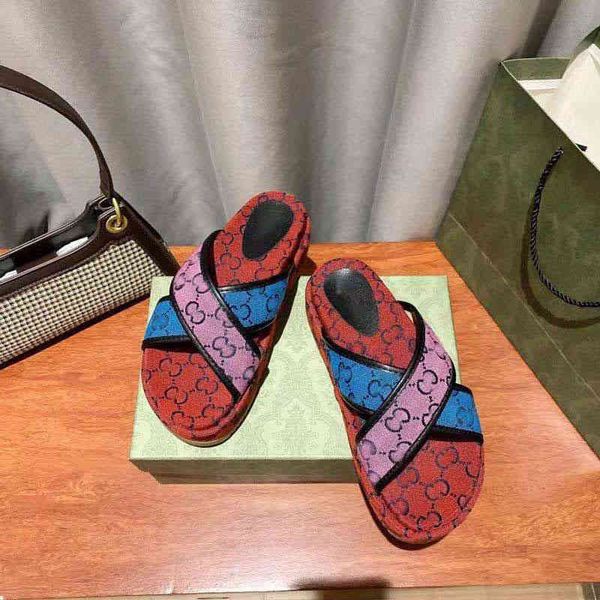 

sandals summer g family thick bottom cross net red printing flat slippers women's leisure elevated sandals men and women, Black