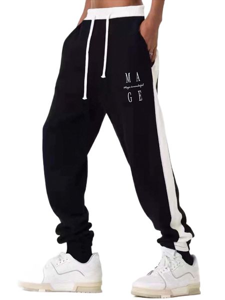 

men letter graphic drawstring waist contrast side seam sweatpants x8aq#, Black