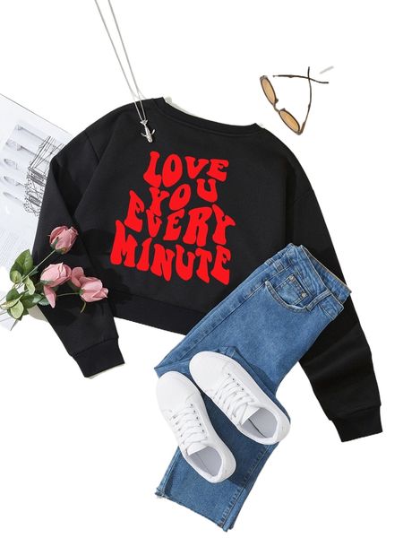 

slogan graphic drop shoulder crop sweatshirt m35i#, Black