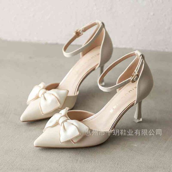 

dress shoes spring bow knot women's one line buckle high heels thin heel hollow pointed single shoes temperament wedding a35f, Black