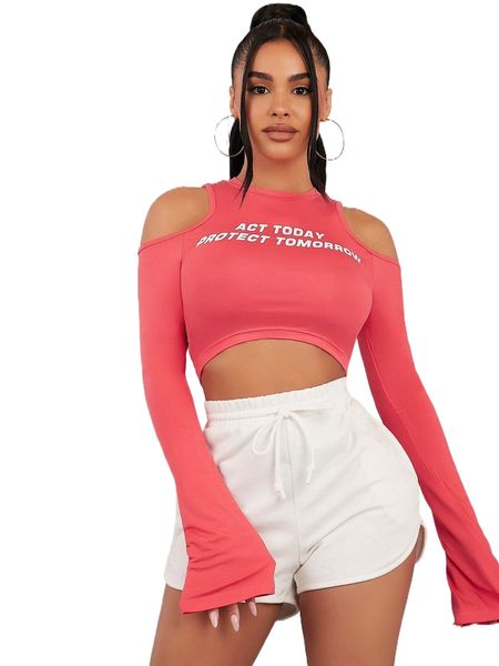 

sxy slogan print cold shoulder crop tee 56lq#, White