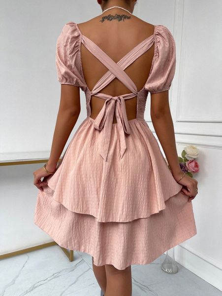 

shirred lace up back puff sleeve dress 11mw#, Black;gray