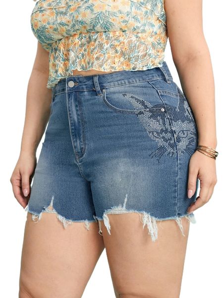 

plus rhinestone cat raw hem denim shorts v4yw#, White;black