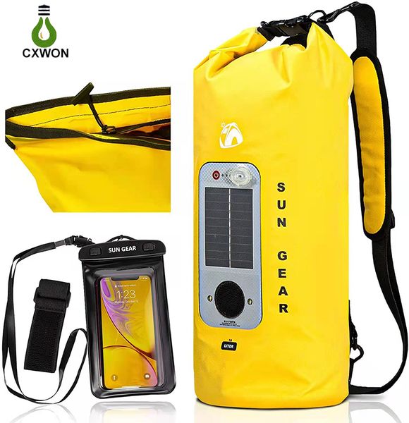 Bolsa flutuante à prova d'água com alto -falante Bluetooth Luz solar de 20l Roll Top Sack mantém a engrenagem seca para acampamento e pesca ao ar livre