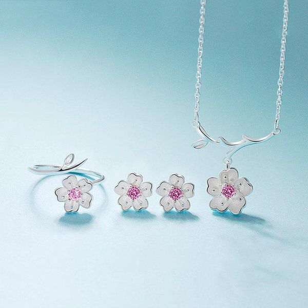 Set di gioielli in argento con fiore di ciliegio alla moda, regali per amici, ciondolo in stile coreano, collana, orecchini, bracciale con anello