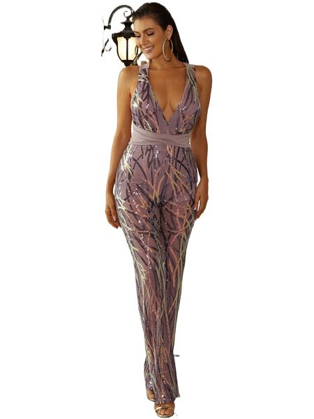 

missord contrast sequin criss cross tie backless jumpsuit 14j8#, Black;white